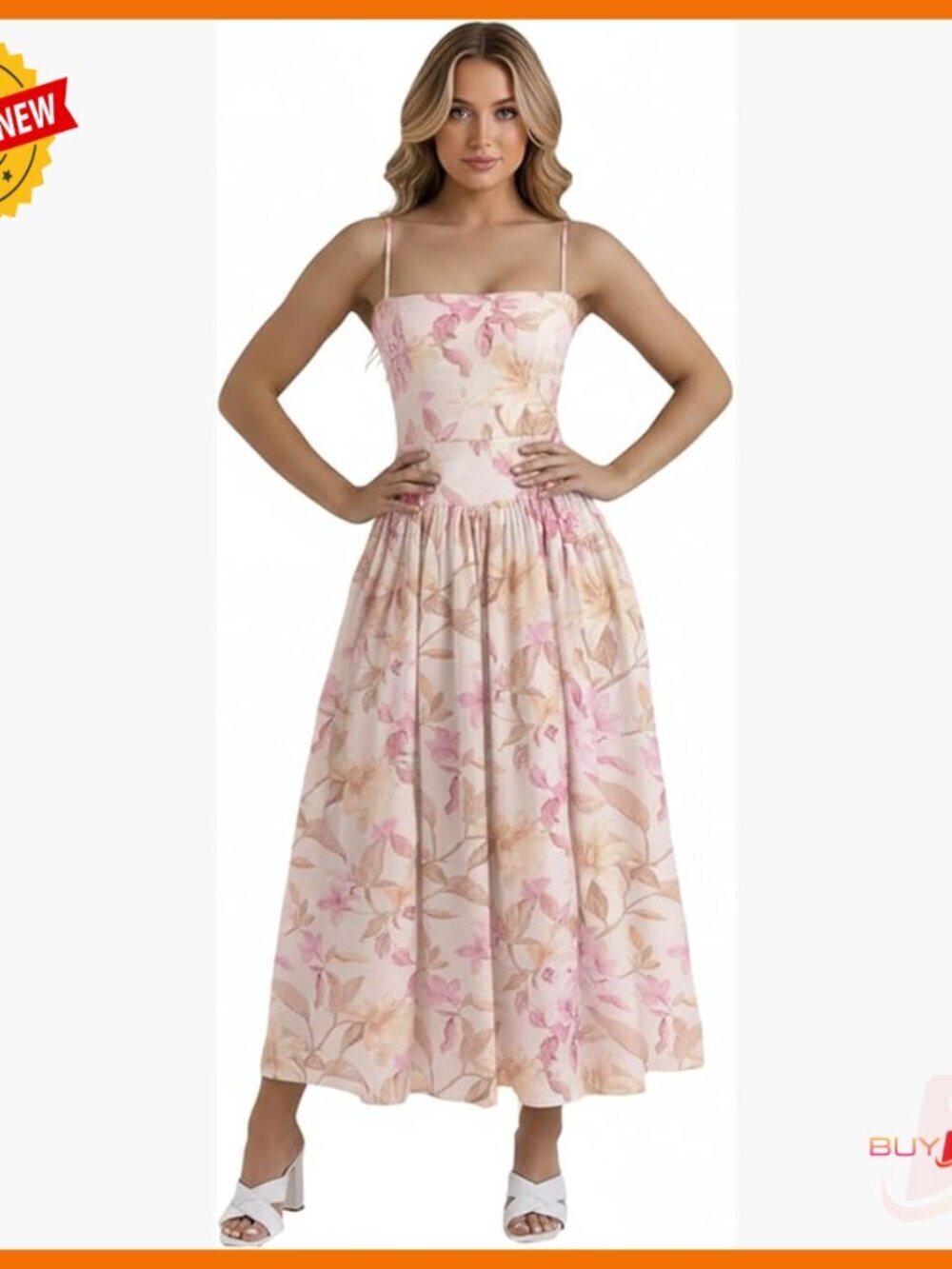 Floral Midi Dress Square Neck Spaghetti Strap A-Line Boho Sundress Wedding Guest